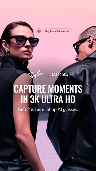 This image ad promotes Ray-Ban Meta AI glasses, highlighting their ability to capture moments in 3K Ultra HD. The ad fea