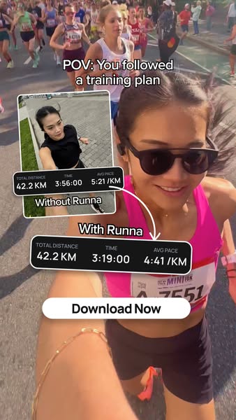 This ad compares a runner's marathon time with and without the Runna app. The ad features a first-person perspective