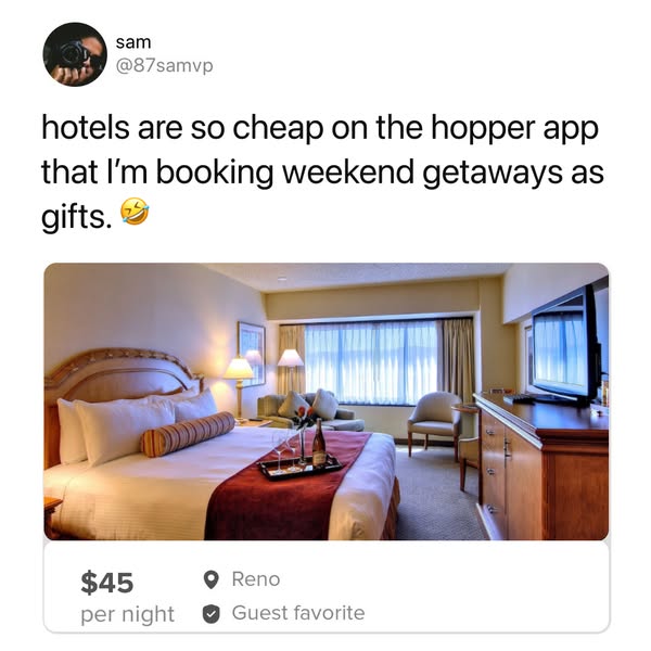 This ad promotes the Hopper app by showcasing a tweet from a user who found hotels so cheap on the app that they are boo