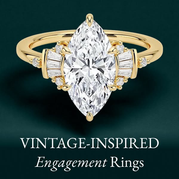 This image ad showcases a vintage-inspired engagement ring with a large marquise-cut diamond as the center stone, surrou