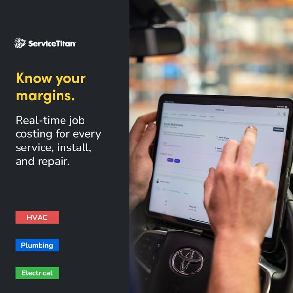 This ad for ServiceTitan highlights the real-time job costing feature of the software. The ad shows a person in a vehicl