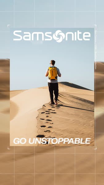 This ad features a man walking on a sand dune with a Samsonite backpack, promoting a sense of adventure and the brand