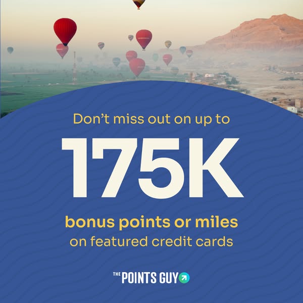 This image ad promotes featured credit cards with a bonus offer of up to 175K points or miles, presented by The Points G