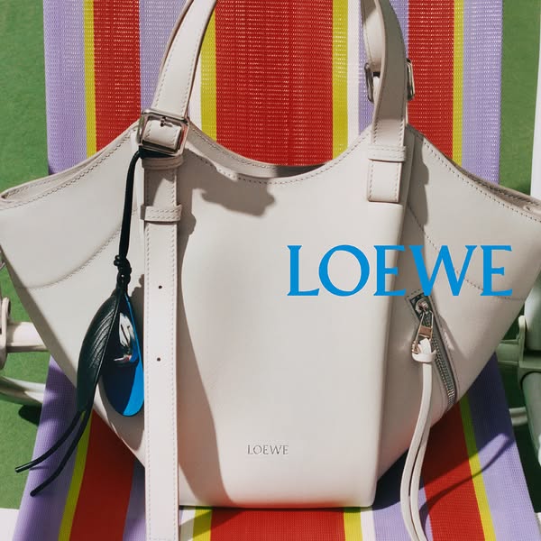 This ad features a stylish Loewe handbag. The ad focuses on the bag's design, material, and overall aesthetic, highl