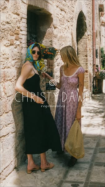 This ad showcases Christy Dawn dresses in a lifestyle setting, emphasizing the brand's aesthetic and sustainable val