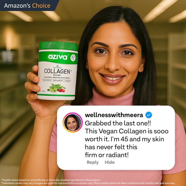 This ad features a woman holding a container of Oziva Plant Based Collagen Builder and sharing a positive testimonial ab
