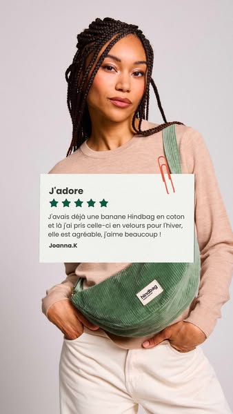 This ad features a testimonial from a customer who loves the Hindbag brand banana bags, and has purchased one in cotton 