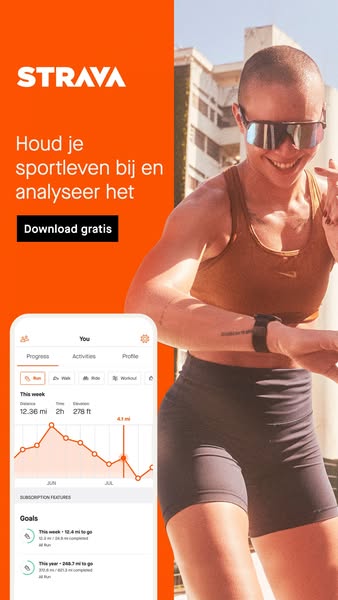 This ad for Strava features a woman in workout clothes and sunglasses, with a screenshot of the Strava app showing a gra