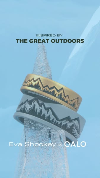 This ad showcases QALO rings. The rings are sitting on a decorative block of ice. The design on the rings are inspired b