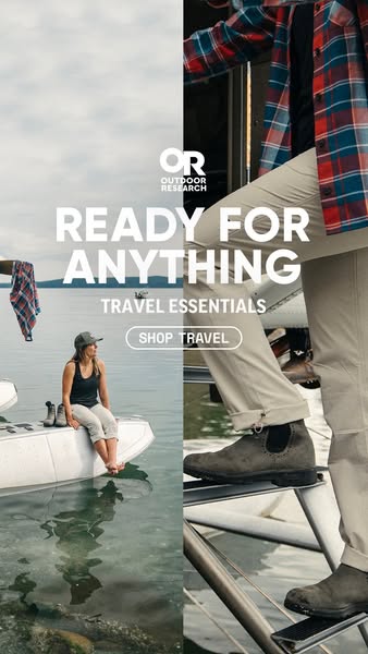 This ad for Outdoor Research uses a split screen to showcase their travel essentials. On the left, a woman sits on a boa