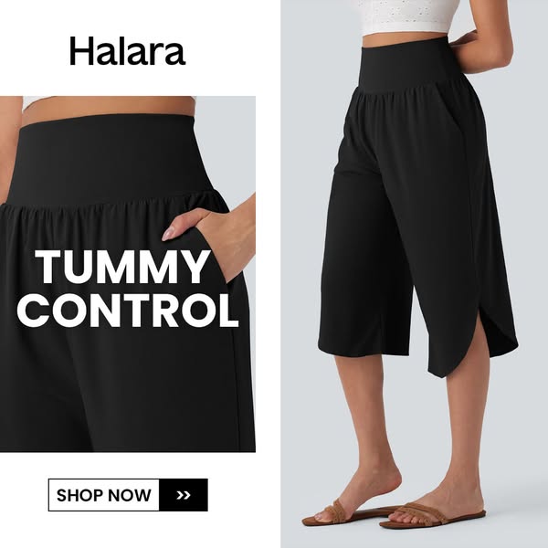This Halara ad showcases a pair of black culottes with 'tummy control' and a 'shop now' call to action.