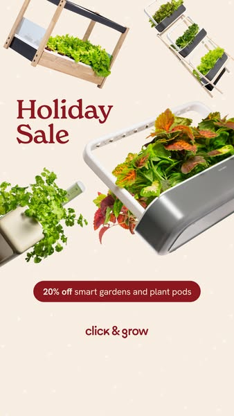 This image ad promotes Click & Grow smart gardens and plant pods with a holiday sale offering 20% off.