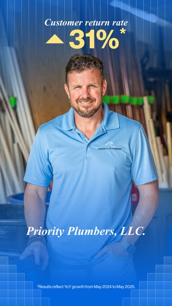 This image ad for Priority Plumbers, LLC. highlights a 31% customer return rate, showcasing the company's success an