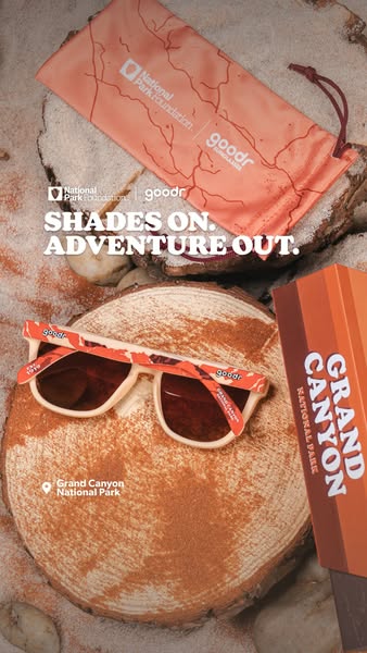 This ad showcases Goodr sunglasses in collaboration with the National Park Foundation, featuring a Grand Canyon-themed d