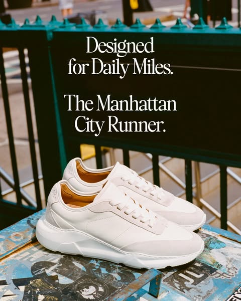 This ad showcases a pair of all-white 'Manhattan City Runner' sneakers, emphasizing their design for everyday we