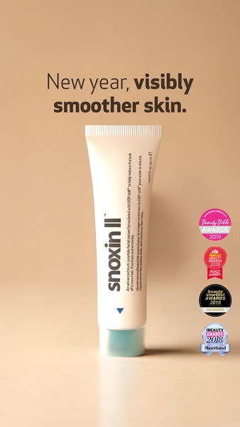 This image promotes Snoxin II facial serum. It features the product front and center with the headline “New year, visibl