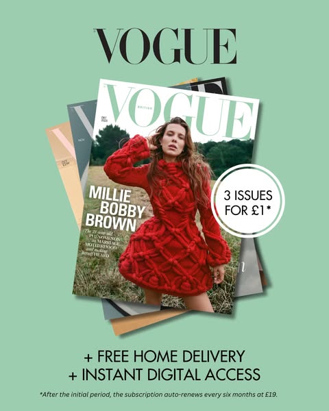 This image ad promotes a Vogue magazine subscription, offering 3 issues for £1, free home delivery, and instant digital 