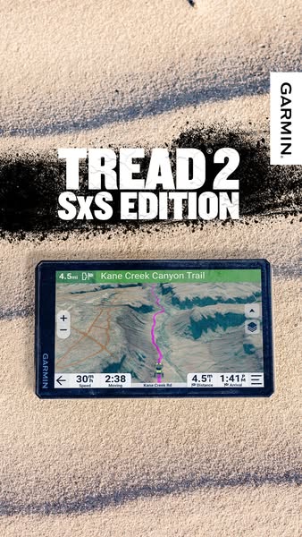 This ad showcases the Garmin Tread 2 SXS Edition GPS navigator, emphasizing its suitability for off-road adventures. The