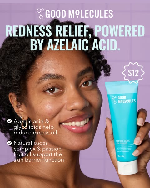 This ad promotes Good Molecules Soothing Azelaic Acid Cleanser. The ad features a woman with clear skin holding the prod