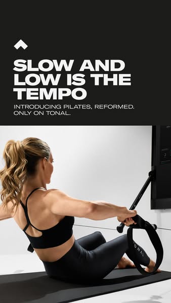 This image ad for Tonal introduces Pilates, reformed, on Tonal. The ad features a woman using the Tonal machine to do Pi