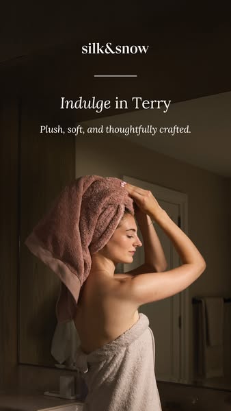 This image ad for Silk & Snow features a woman with a towel wrapped around her head and body, advertising the brand&