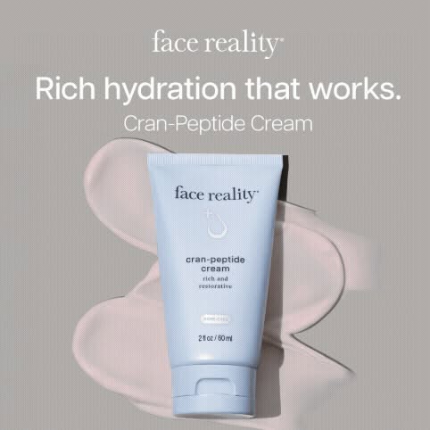 This ad promotes Face Reality's Cran-Peptide Cream, highlighting its rich hydration and restorative properties. The