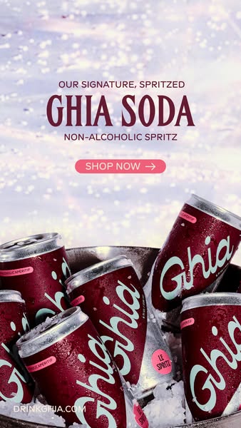 This ad promotes Ghia Soda, a non-alcoholic spritz, with a visually appealing image of the product in a cooler with ice.