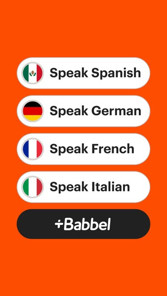This ad promotes the language learning app Babbel. It features a list of languages that can be learned through the app, 