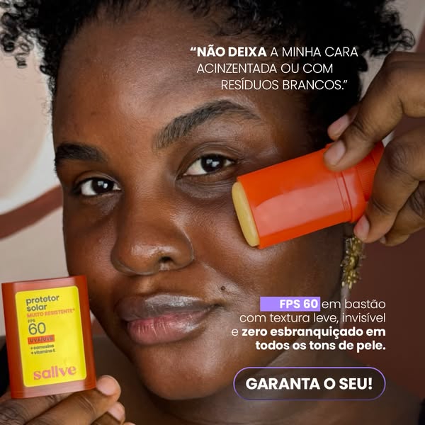 This ad promotes Sallve sunscreen in stick form. It features a woman applying the product to her face, along with text h