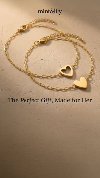 Ad showcasing a delicate gold heart bracelet as a perfect gift option.