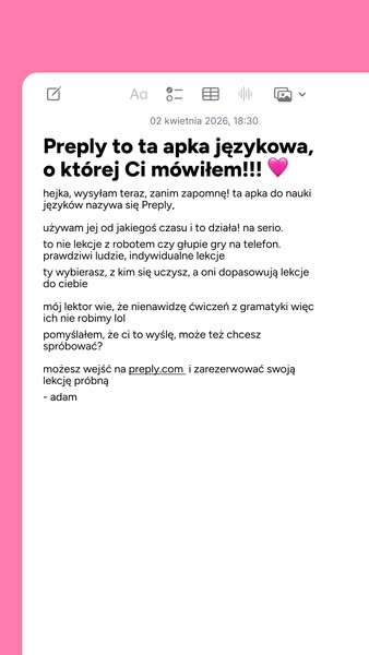 The ad is a screenshot of a note from "adam" recommending the Preply language learning app. Adam explains that