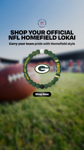 This ad promotes the official NFL Homefield Lokai bracelet, encouraging viewers to shop now and carry their team pride w