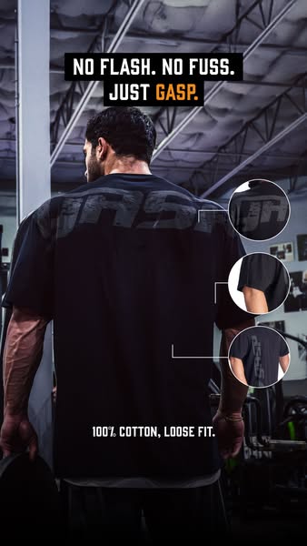 This image ad showcases a black GASP t-shirt, emphasizing its 100% cotton material and loose fit. The ad uses a minimali