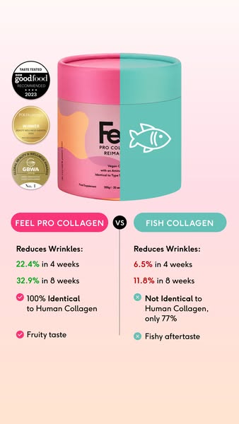 This ad compares Feel Pro Collagen to fish collagen, highlighting the benefits of Feel Pro Collagen such as wrinkle redu
