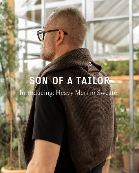 This ad showcases a man wearing a brown merino wool sweater from Son of a Tailor. The ad highlights the brand and introd