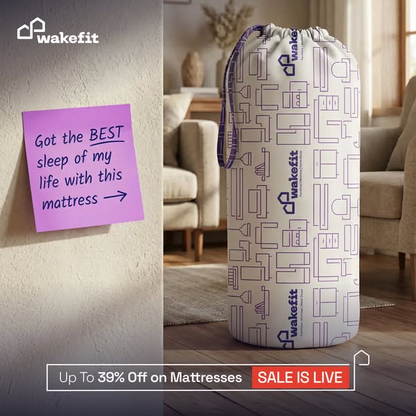 The ad features a Wakefit mattress delivered in a cylindrical packaging in what looks like a bedroom. A sticky note atta