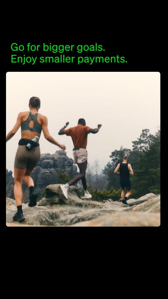 This ad features three runners on a rocky trail, with the headline "Go for bigger goals. Enjoy smaller payments.&qu