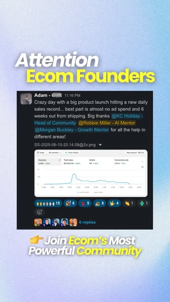 This ad uses a testimonial from a user named Adam to promote a community for e-commerce founders. Adam shares his succes