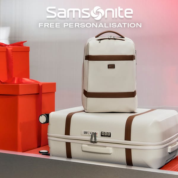This ad showcases Samsonite luggage and backpacks, highlighting their design and offering free personalization.