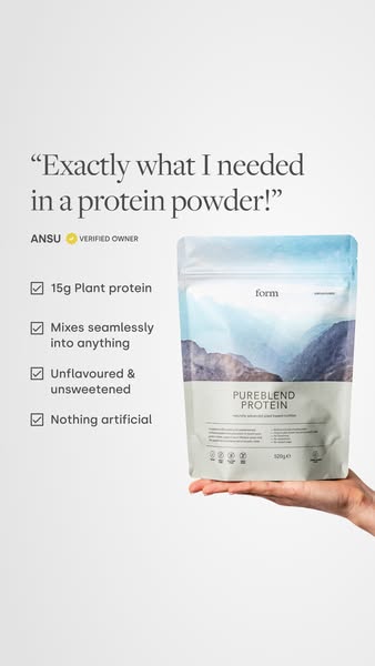 This ad features a testimonial about Form Pureblend Protein powder. The ad highlights the product's plant-based prot