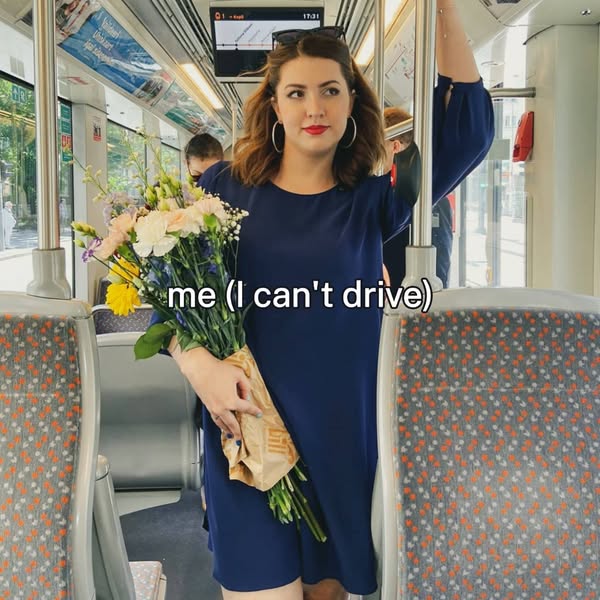 This image ad features a woman on public transportation holding a bouquet of flowers. The ad uses humor to connect with 