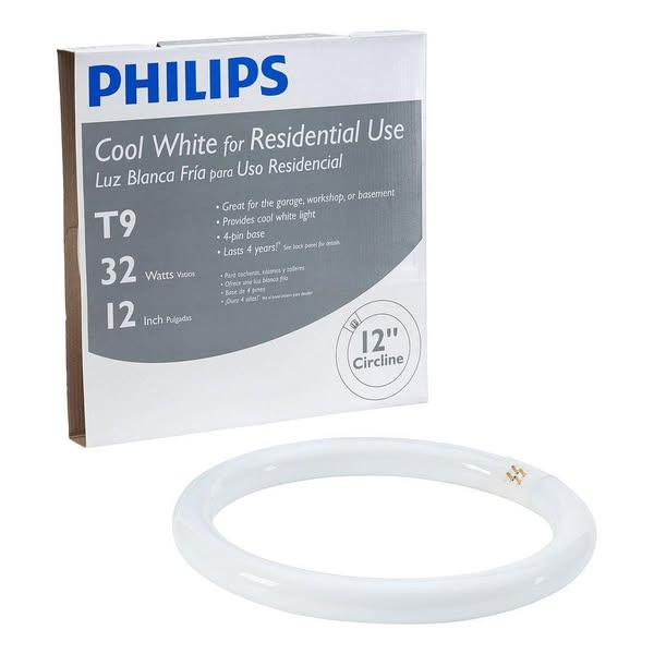 This ad features a Philips Cool White Circline lightbulb and its packaging. The ad highlights the bulb's residential