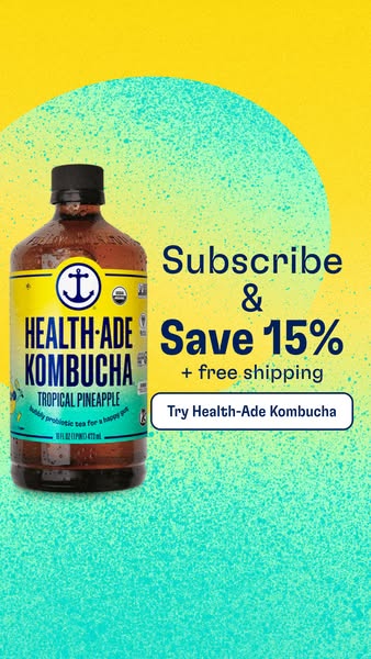 This ad promotes Health-Ade Kombucha, specifically the Tropical Pineapple flavor, and encourages viewers to subscribe to