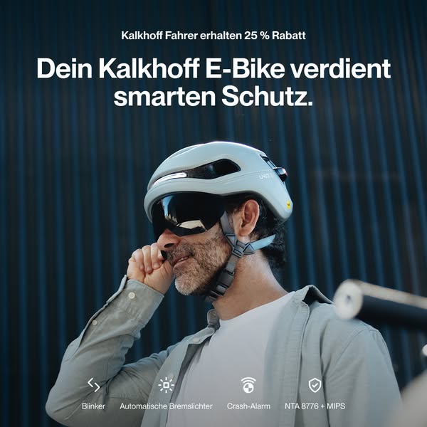 The ad displays a person wearing a Kalkhoff-branded helmet. The ad states that Kalkhoff e-bikes deserve smart protection