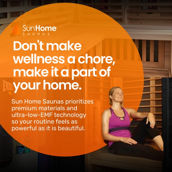 This ad promotes Sun Home Saunas. The ad features a woman relaxing in a sauna, and text emphasizing the convenience and 