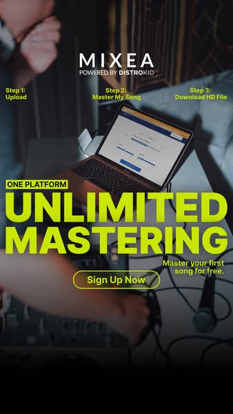This ad promotes Mixea, a platform powered by DistroKid that offers unlimited mastering for music. The ad shows a laptop