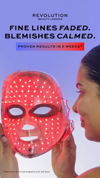 The ad features the Revolution Beauty London LED Light Therapy Mask, which claims to fade fine lines and calm blemishes 