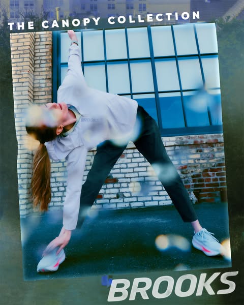 This ad features a woman stretching in Brooks activewear. The ad highlights the Brooks brand and the Canopy Collection.