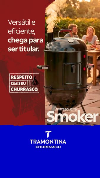 An image ad for Tramontina Churrasco Smoker grill with an image of the smoker in front of an outdoor scene with a happy 
