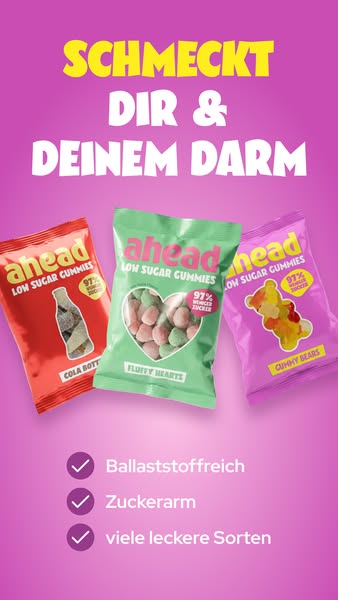 This image ad promotes Ahead low sugar gummies in three different flavors: cola bottle, fluffy hearts, and gummy bears. 